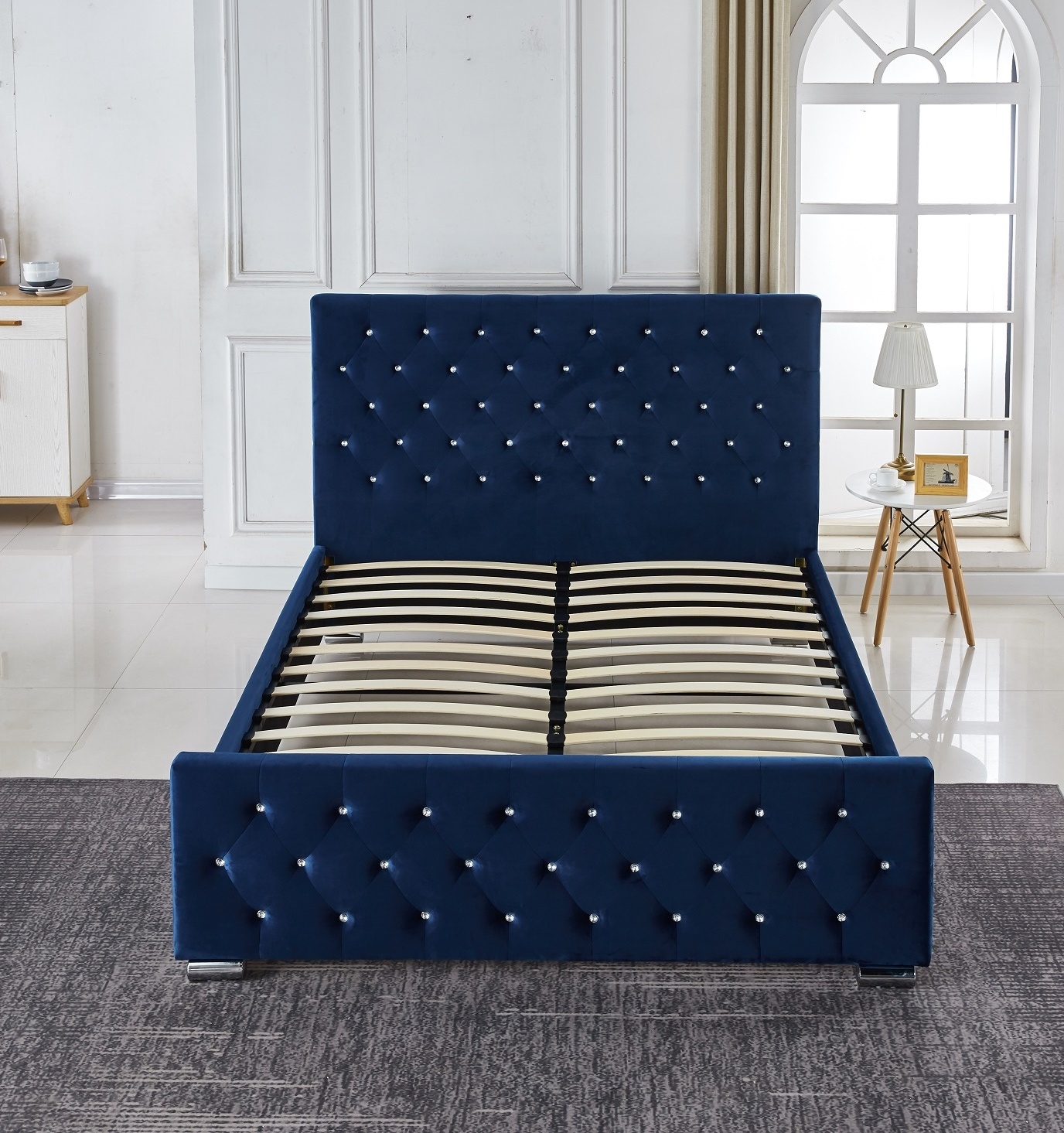 Hot sale European style crystal button headboard blue velvet fabric function Upholstered bed queen bed frame