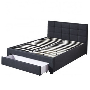 modern black wooden frame  curved soft turfed headboard  upholstery fabric  bed  with one under the bed storage drawer