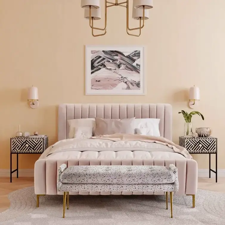 Round Headboard Pink Fabric Upholster Bedroom Furniture Princess Queen King Size Wooden Bed Frame with Golden Leg