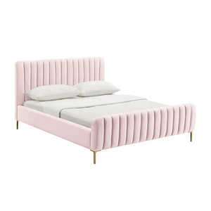 Round Headboard Pink Fabric Upholster Bedroom Furniture Princess Queen King Size Wooden Bed Frame with Golden Leg