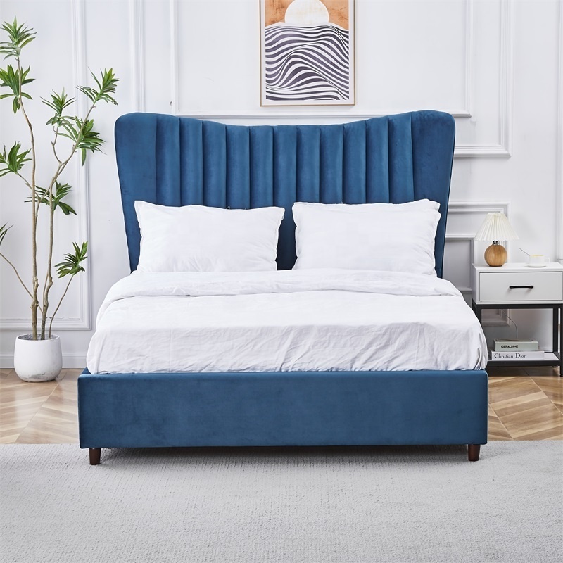 Bedroom Furniture Bed velvet fabric up-holstered beds Double King size bed frame with High Padding headboard