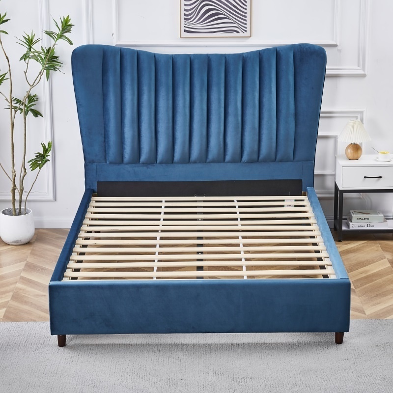 Bedroom Furniture Bed velvet fabric up-holstered beds Double King size bed frame with High Padding headboard