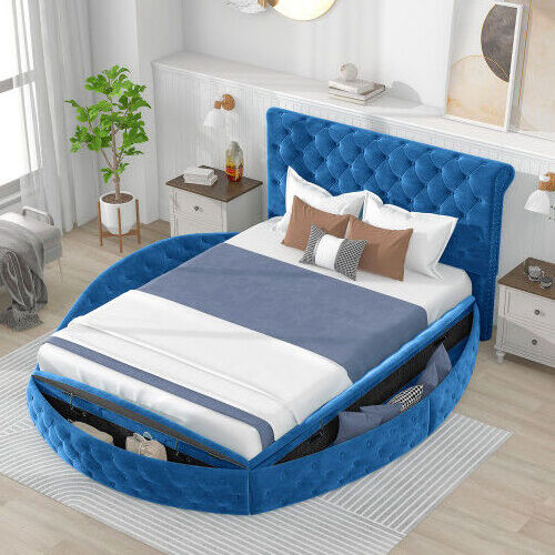 Light luxury modern queen or full size round bed frame storage platform bed blue double bed