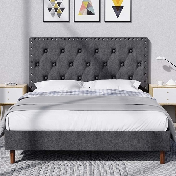 Button Tufted  with Adjustable Headboard, and Modern Riveted Decoration, Wood Slat Support, Velvet Upholstered Platform Bed