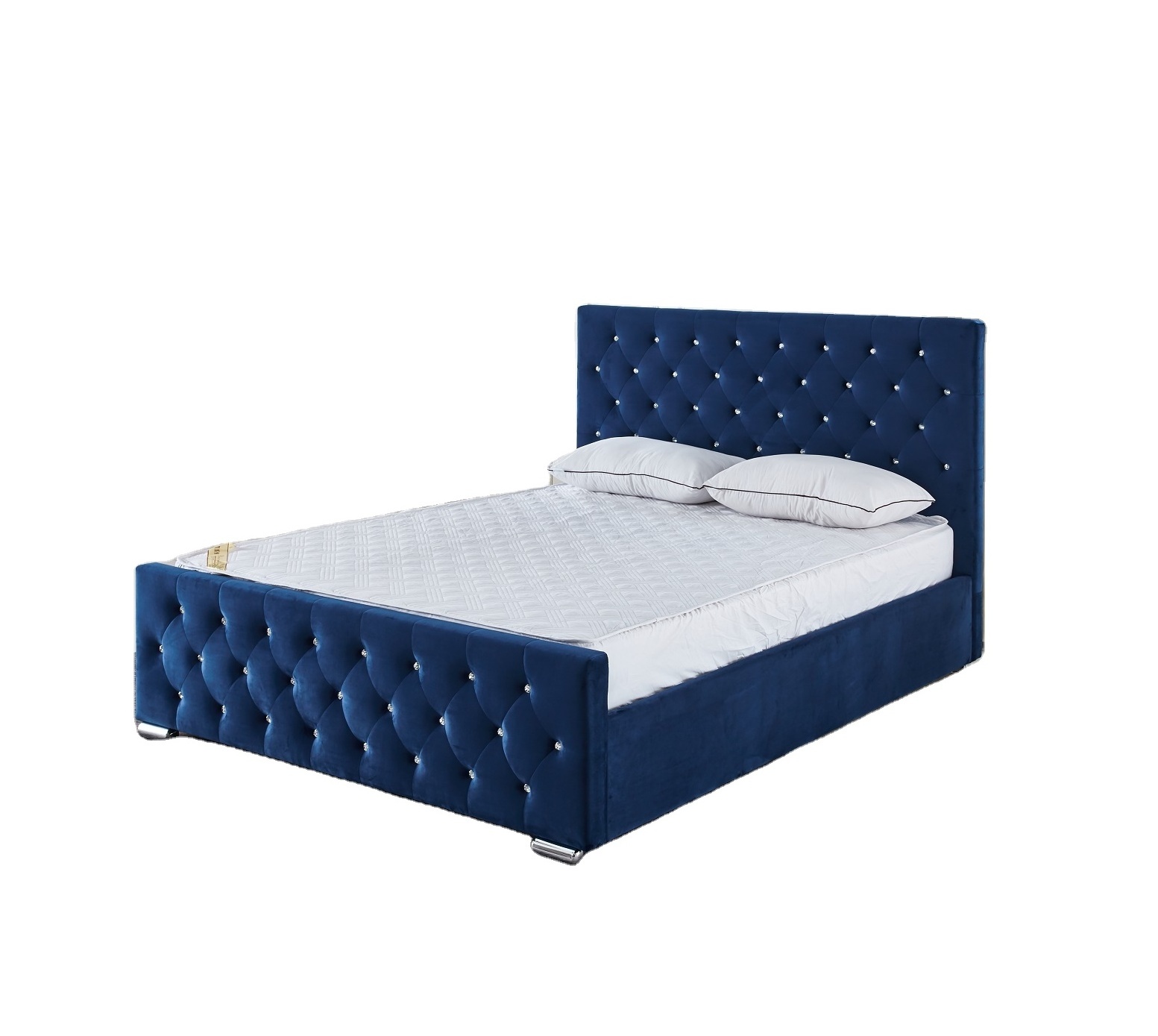 Hot sale European style crystal button headboard blue velvet fabric function Upholstered bed queen bed frame