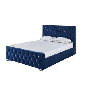 Hot sale European style crystal button headboard blue velvet fabric function Upholstered bed queen bed frame