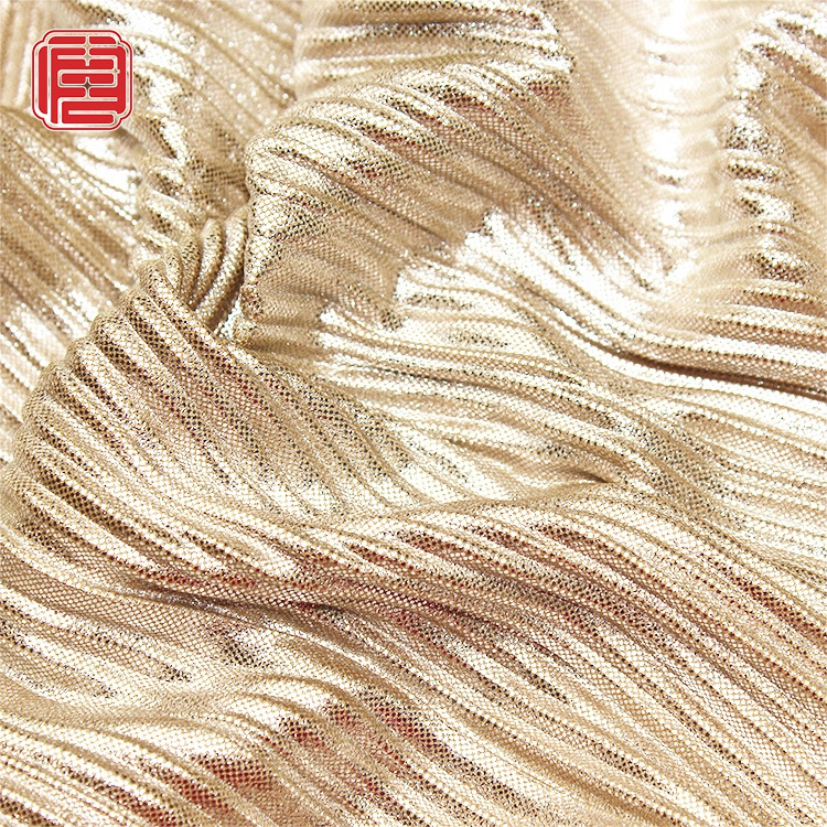 Tissu Crepe Plisse Metallic Gold 4 Way Stretch Pleated Foil Overlay Shimmer Lame Spandex Thiness Knit Fabric For Shirts