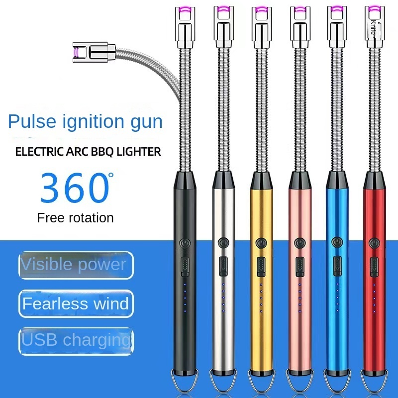 Rechargeable ignition lighter with metal bend pipe pulse ignition stick outdoor windproof