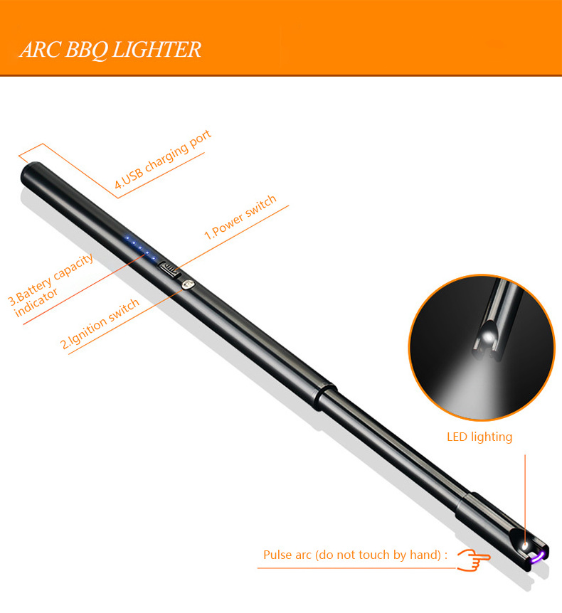 JL871-4   40CM hot sell long metal Plasma Electronic USB Chargeable Outdoor Lighter for camping,bbq,kitchen,candle