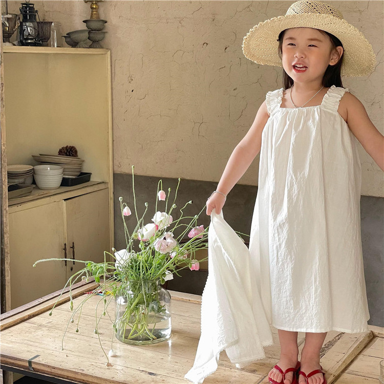 Summer popular kids Sweet casual cotton linen dress toddler baby little girl linen fabric solid sleeveless vintage dresses