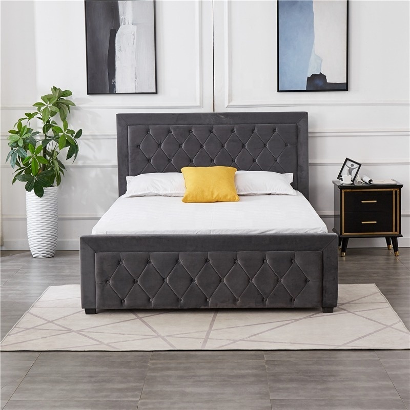 Dark grey velvet fabric Italian design  fabric king size queen upholstered Bunk bed frame bedroom with tufted headboard