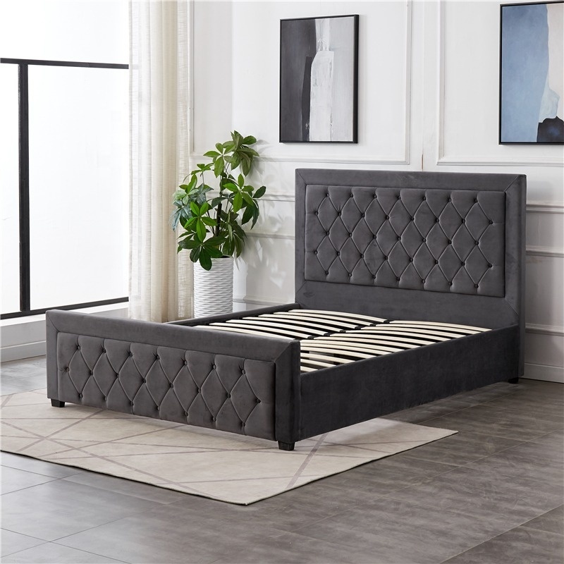 Dark grey velvet fabric Italian design  fabric king size queen upholstered Bunk bed frame bedroom with tufted headboard