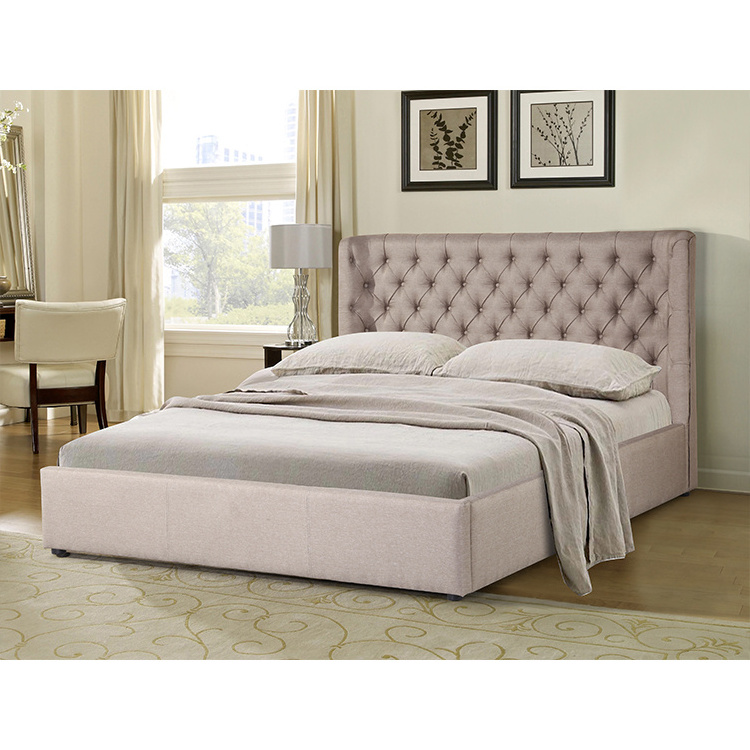 High Quality Upholstered Bed Frame Royal Headboard Queen King Platform Tufted Bed Upholstered Wood Pine Modern Soft Bed Wooden