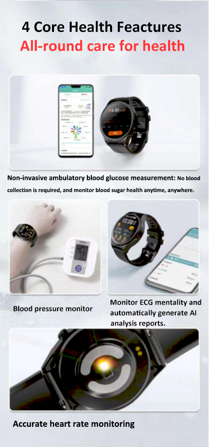 Health monitoring Blood Glucose Monitor Healthcare Watch Amoled Blood Oxygen Tracking Elderly Watch