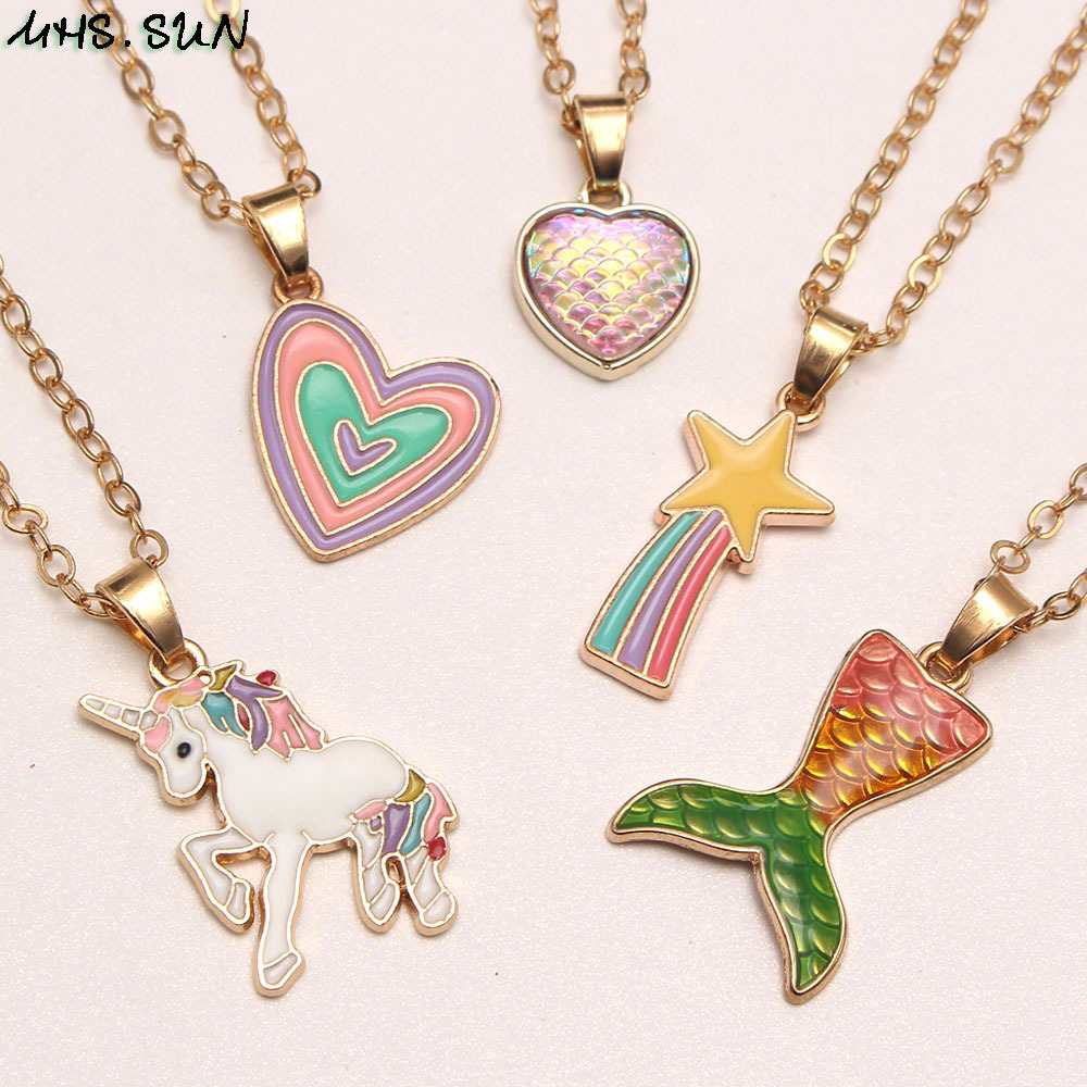 Adorable Heart Unicorn Mermaid Tail Pendants Kids Girls Long Chain Necklace Charm Baby Child Alloy Chain Necklace