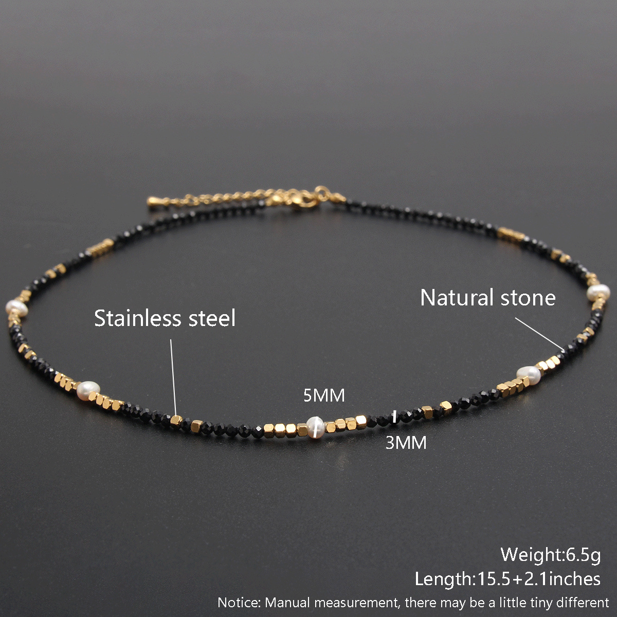 Charming Black Natural Gem Stone Beaded Necklace With Fresh Water Pearl Choker Gold Color Stainless Steel Chain For Women/Men