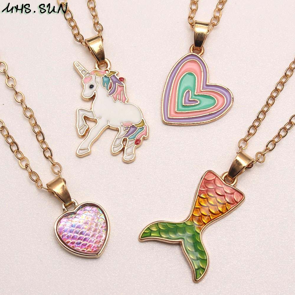 Adorable Heart Unicorn Mermaid Tail Pendants Kids Girls Long Chain Necklace Charm Baby Child Alloy Chain Necklace