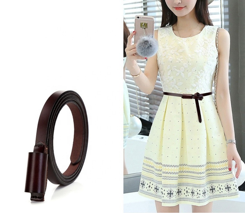 Custom Colors Metal Free Thin Stylish Knot Ladies Cowhide Waistband Women Leather Belt for Dress