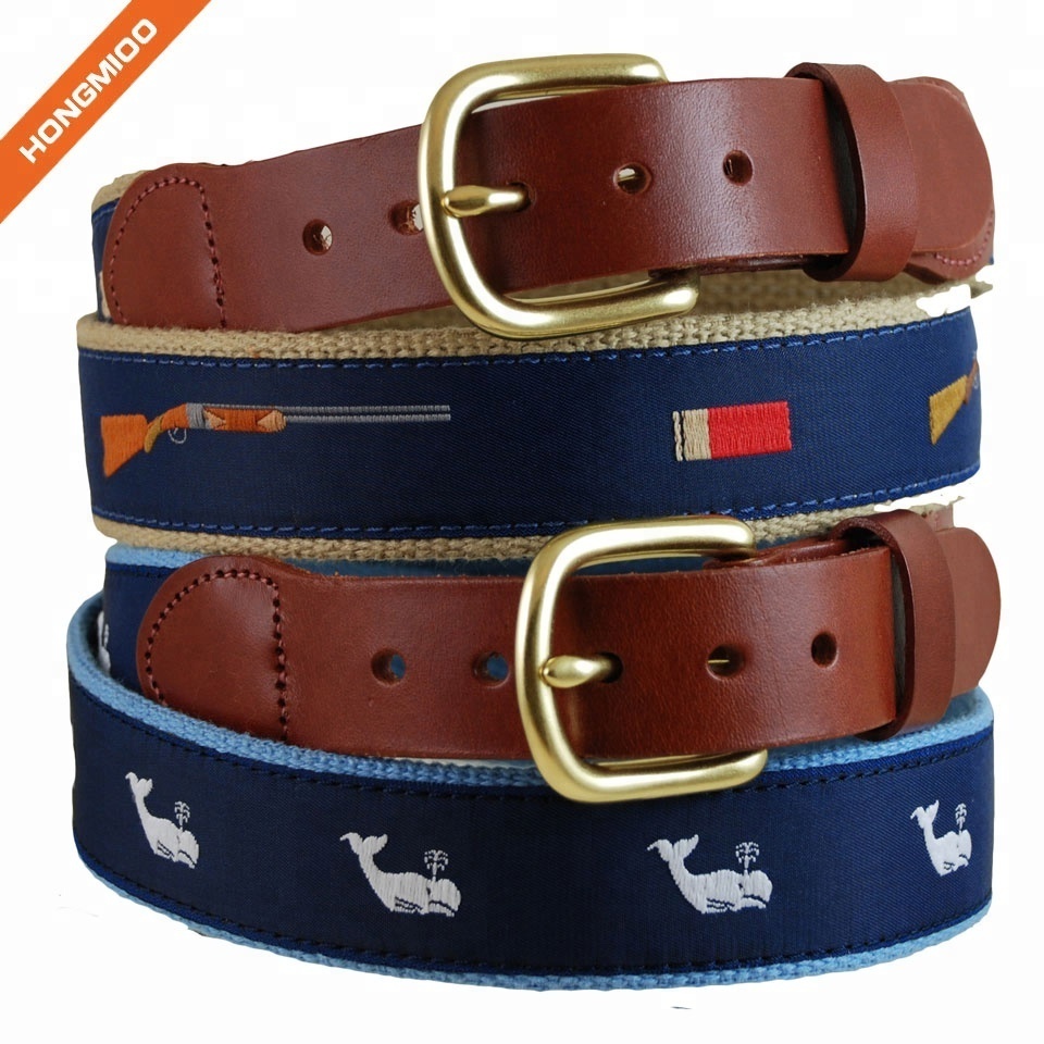 Navy Blue Mens Inlay Ribbon Waist Band Vivid Pattern full grain Leather Belts