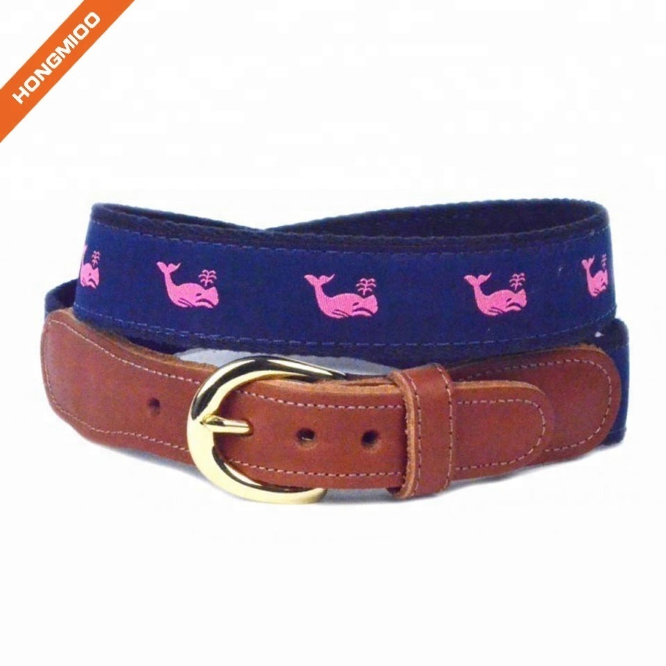 Navy Blue Mens Inlay Ribbon Waist Band Vivid Pattern full grain Leather Belts