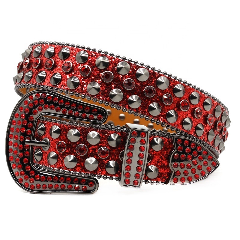 Fashion Luxury Factory Custom Men's Western Crystal Studded PU Leather Women Rhinestone Belts with Alloy Buckle