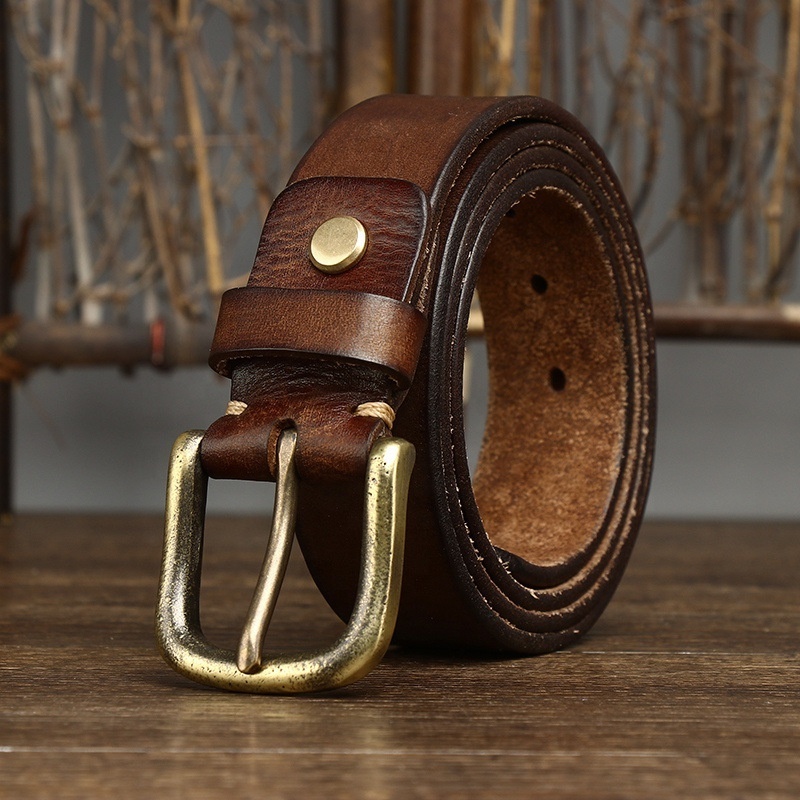 Factory Custom Logo 4mm Thick Vintage Luxury Full Grain Cowhide Men's Genuine Leather Belt with Solid Brass Buckle