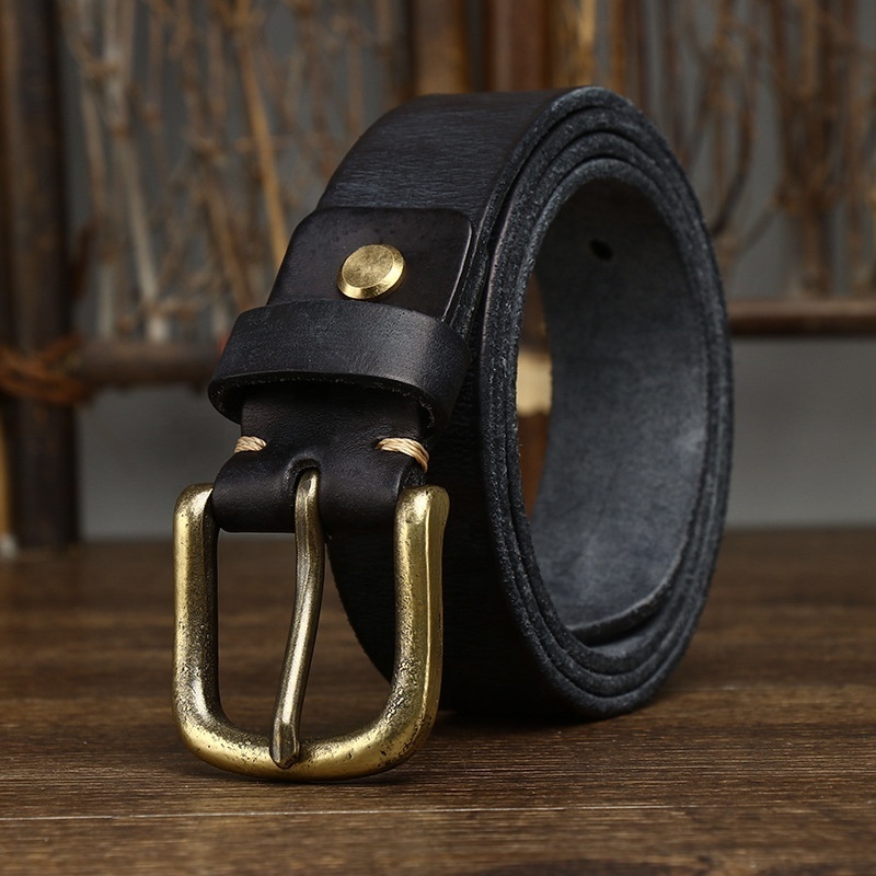 Factory Custom Logo 4mm Thick Vintage Luxury Full Grain Cowhide Men's Genuine Leather Belt with Solid Brass Buckle