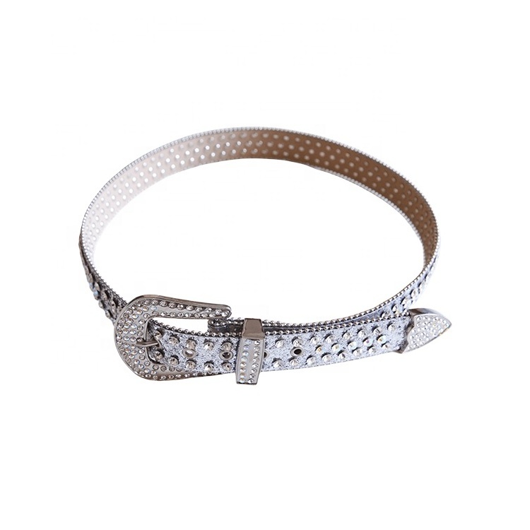 Factory Custom Western Style Ladies Punk PU Leather Silver Rhinestone Men BB Simon PU Belt Unisex