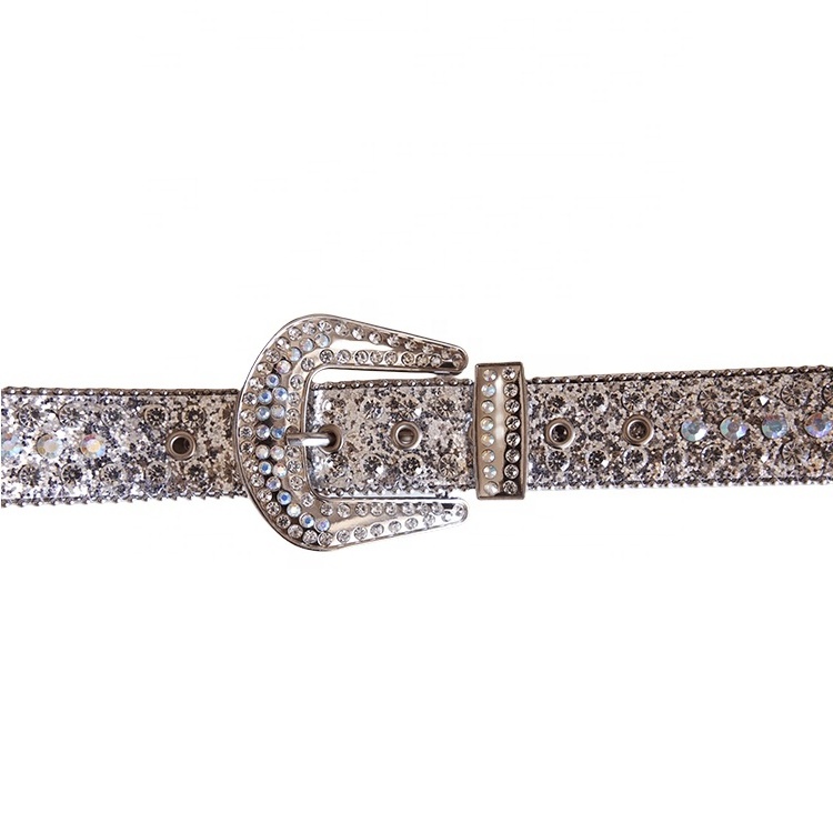 Factory Custom Western Style Ladies Punk PU Leather Silver Rhinestone Men BB Simon PU Belt Unisex