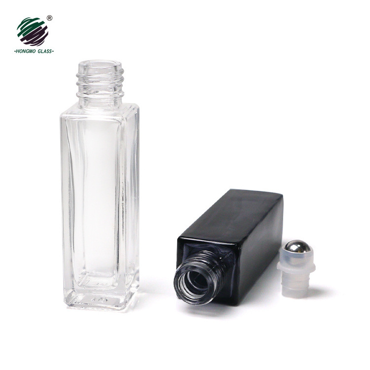 Luxury 10ml 10 ml 1/3 oz clear black square perfume roll on glass bottle with metal roller bottle for perfume essential oil