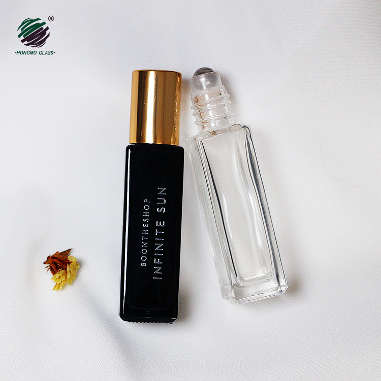 Luxury 10ml 10 ml 1/3 oz clear black square perfume roll on glass bottle with metal roller bottle for perfume essential oil