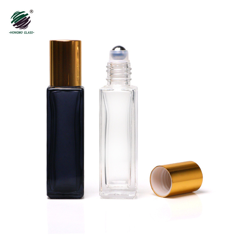 Luxury 10ml 10 ml 1/3 oz clear black square perfume roll on glass bottle with metal roller bottle for perfume essential oil