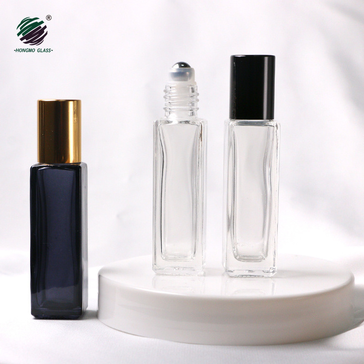 Luxury 10ml 10 ml 1/3 oz clear black square perfume roll on glass bottle with metal roller bottle for perfume essential oil