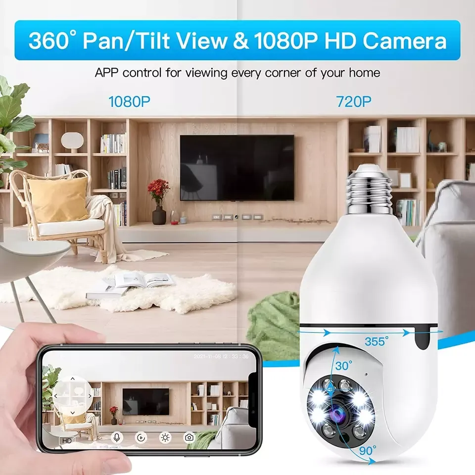 HD security mini wireless network smart home IP pan tilt 360 degree E27 socket light bulb Wifi Camera with human tracking