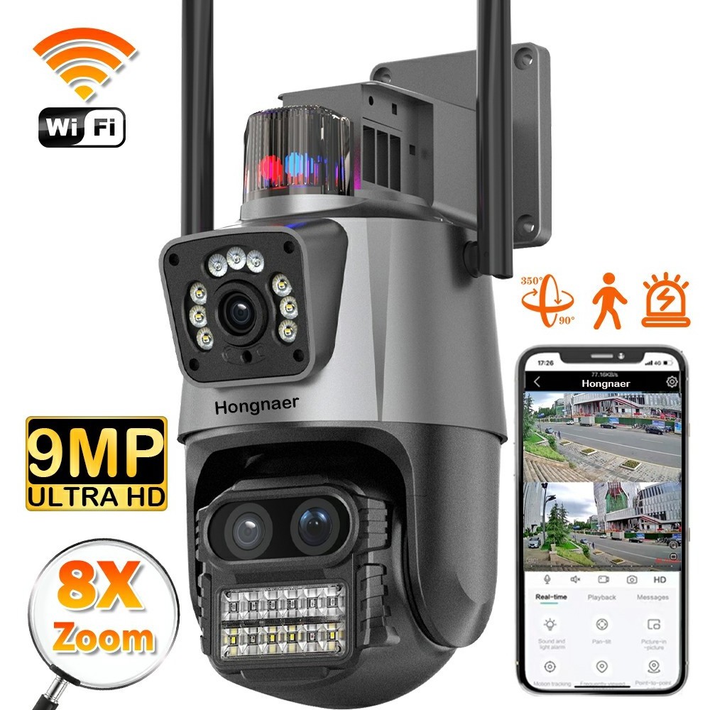 Support Alexa Memory Card Night Vision 9MP 8X Zoom iCSee Wireless WiFi CCTV Outdoor Security PTZ IP Network Dual Lens Camera