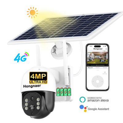 Hongnaer 4MP iCSee Wireless Video Surveillance 4G LTE Solar Panels Powered CCTV Camera Outdoor Security 4G Sim Card Solar Camera