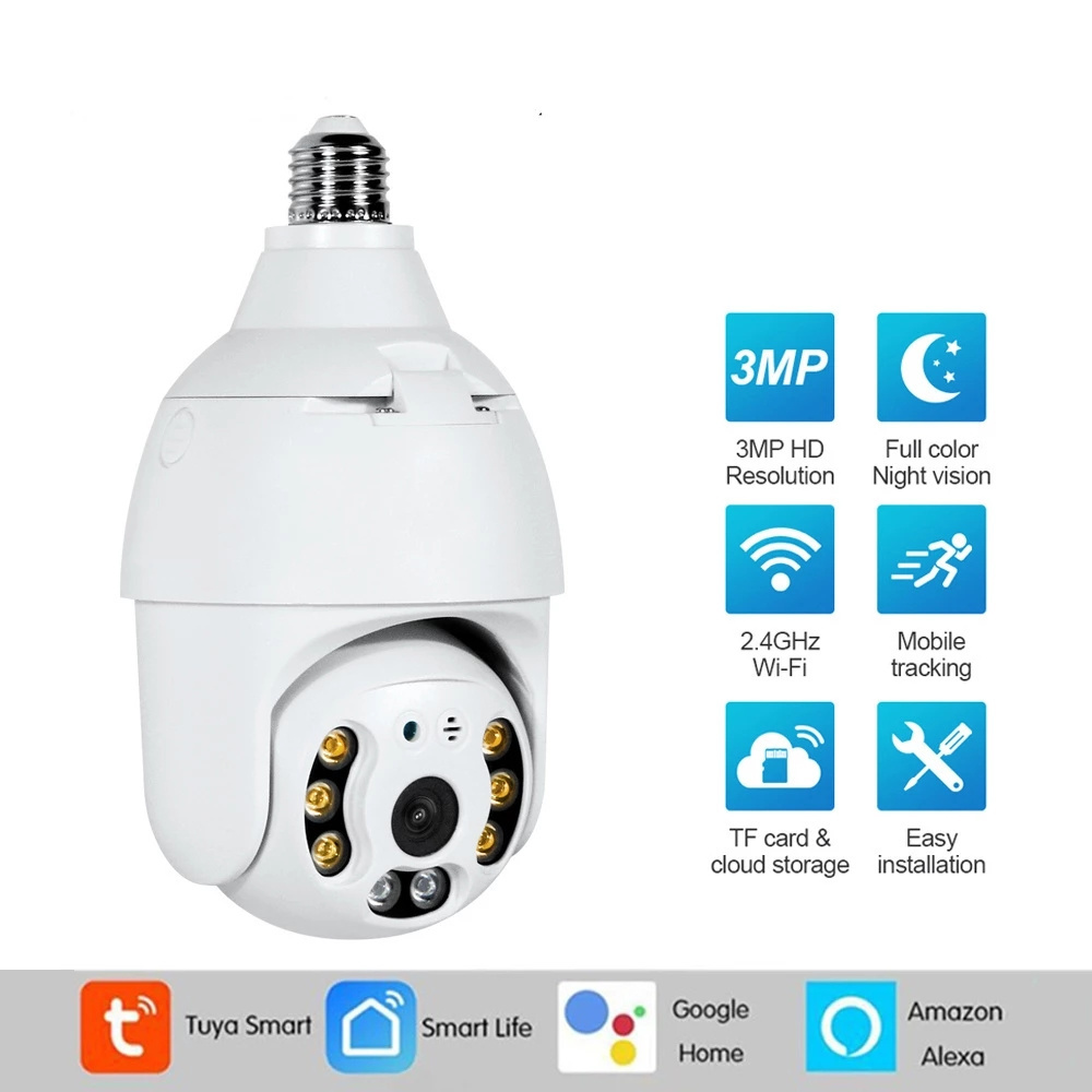 Waterproof Pan Tilt Digital Zoom Ptz Lamp Camera Security Tuya Smart Life 3MP Bulb Connector Ip Camera Wifi PTZ Wireless Camera