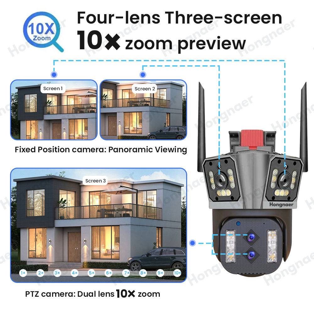 High Quality 16MP 4 Lens 3 Screens Wireless WiFi Video Surveillance PTZ IP Camera 4K 10X Zoom CCTV Outdoor WIFI Security Camera