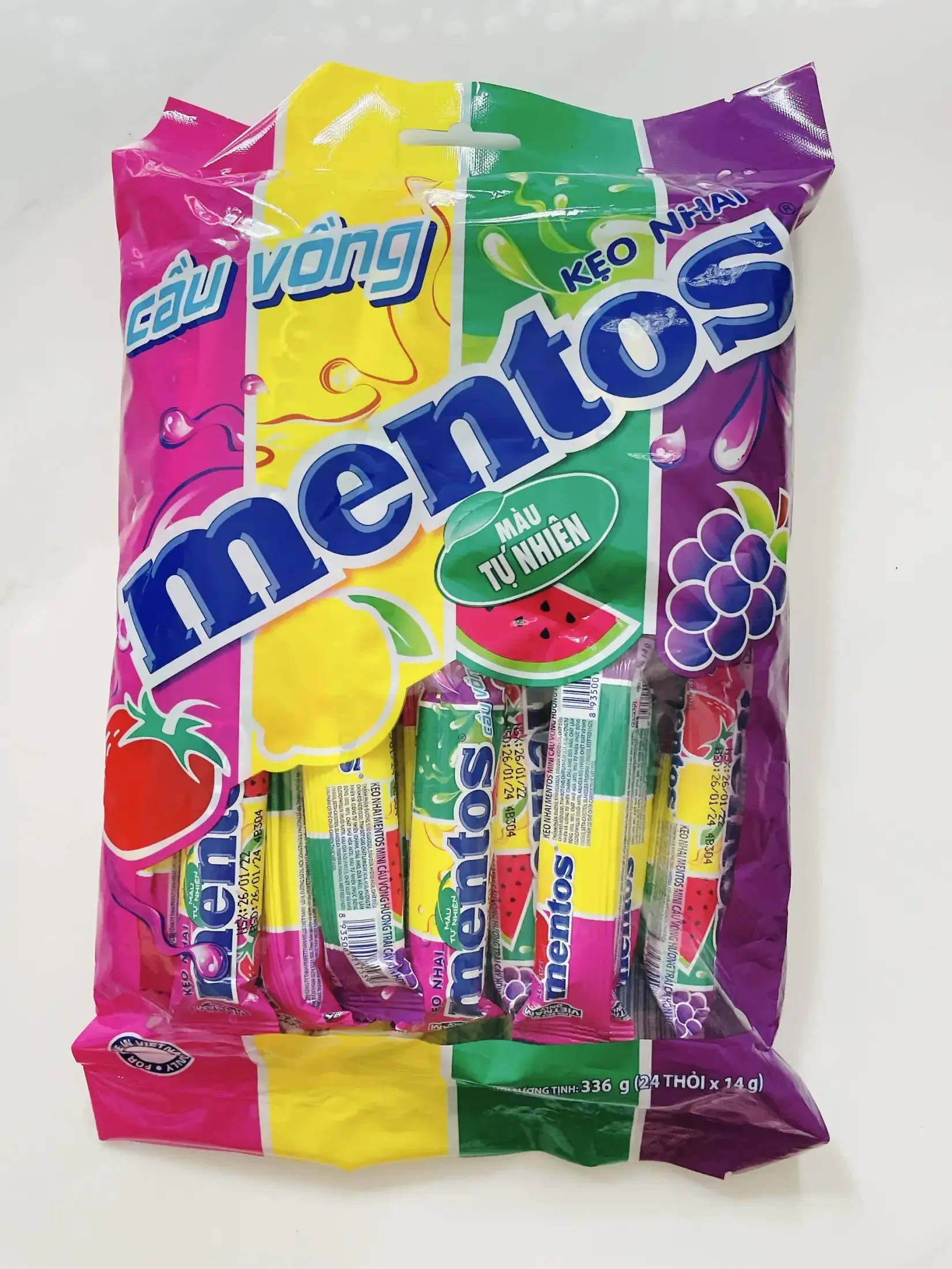 Wholesales Mentoss rainbow chewy candy 24 bars x 336g Mini Soft mixed Fruit Sweet Gummy Candy Chewing Candy