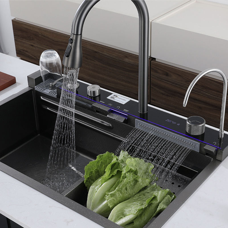 Display Waterfall Kitchen Sink 304 Stainless Steel Contemporary Washbasin Kitchen Sink for Modern Kitchen with Double Bowl