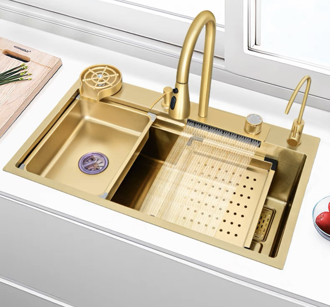 Hot Sale Golden Waterfall Sink Gold 304 Stainless Steel Handmade Kitchen Sink With Faucet