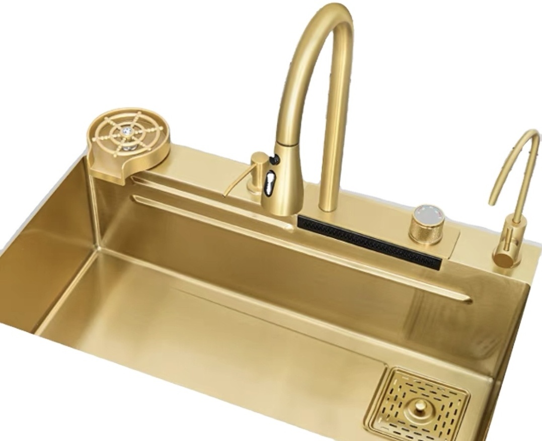 Hot Sale Golden Waterfall Sink Gold 304 Stainless Steel Handmade Kitchen Sink With Faucet