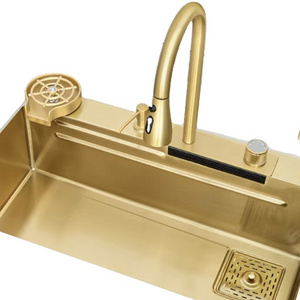 Hot Sale Golden Waterfall Sink Gold 304 Stainless Steel Handmade Kitchen Sink With Faucet