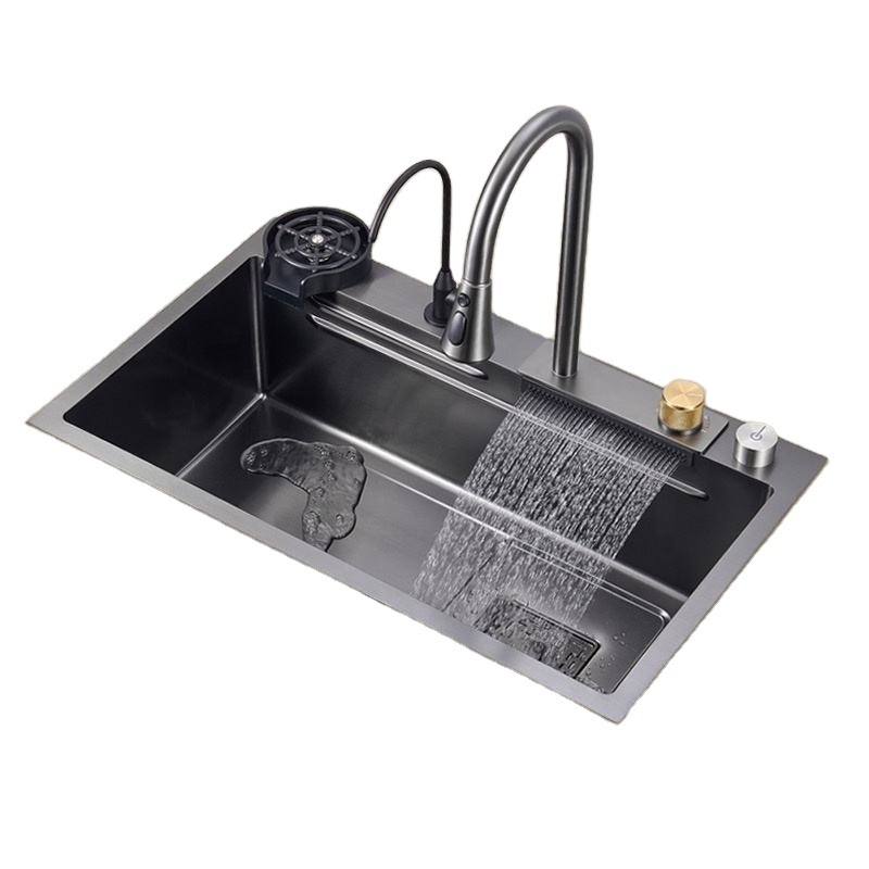 Nano black hot selling wide mouth waterfall hidden basin faucet kitchen stainless steel sink with accessories