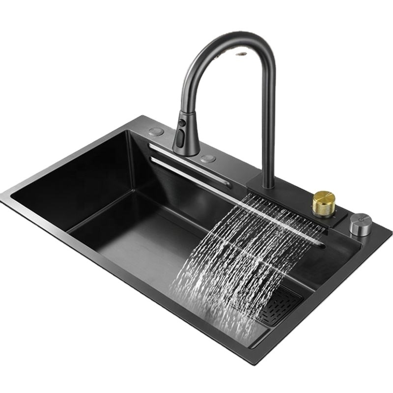 Nano black hot selling wide mouth waterfall hidden basin faucet kitchen stainless steel sink with accessories