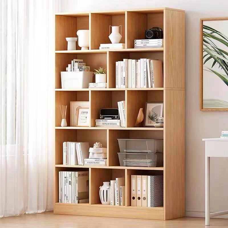 Custom modern bookshelf design wooden display minimalist bookcase wooden library bookshelf industrial bookshelf with back panel