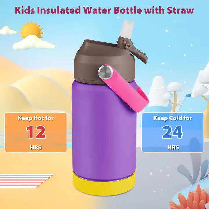 Kids Water Bottle 12oz 18oz Stainless Steel Double Wall Vacuum Insulated Wide Mouth Bottle with Leakproof Straw Lid