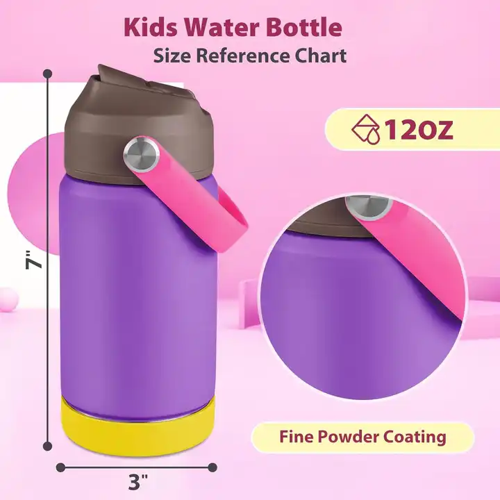 Kids Water Bottle 12oz 18oz Stainless Steel Double Wall Vacuum Insulated Wide Mouth Bottle with Leakproof Straw Lid