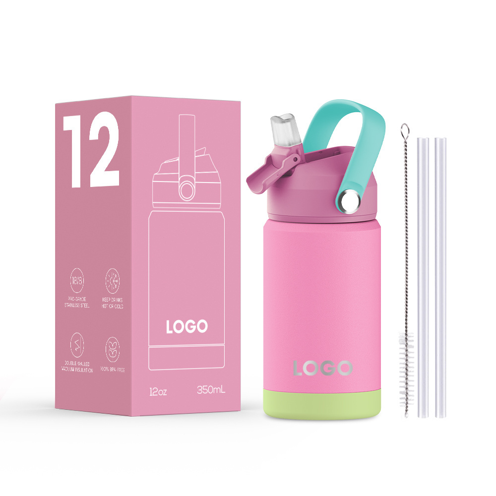 Kids Water Bottle 12oz 18oz Stainless Steel Double Wall Vacuum Insulated Wide Mouth Bottle with Leakproof Straw Lid