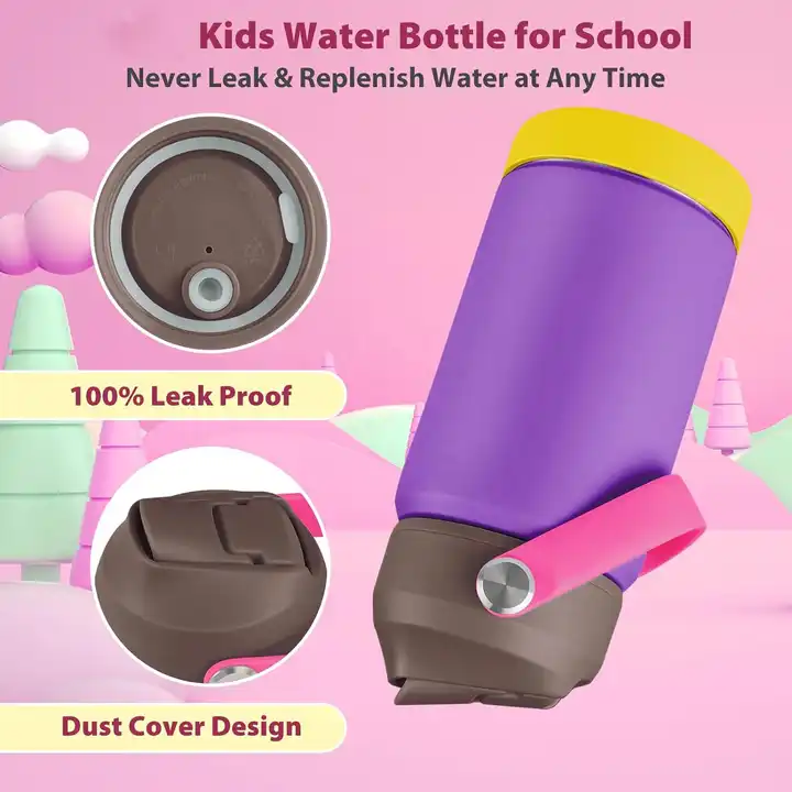 Kids Water Bottle 12oz 18oz Stainless Steel Double Wall Vacuum Insulated Wide Mouth Bottle with Leakproof Straw Lid